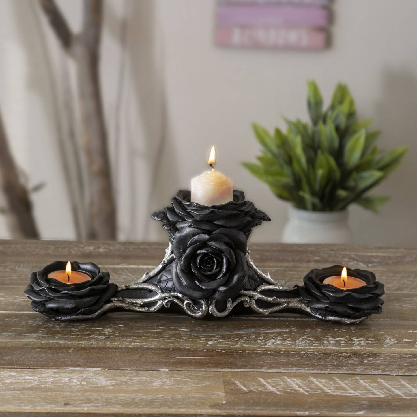Gothic Black Rose Triple Votive Holder Valloween Valentines