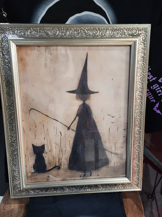 Vintage Girl and Cat Witch Canvas Print Framed