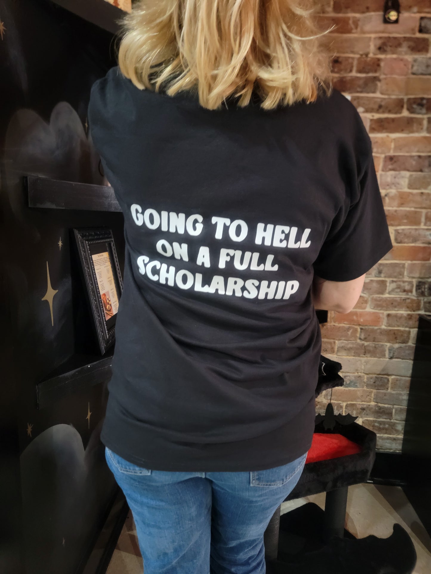 Haunted Going to Hell on a Full Scholarship Gothic T-Shirt-Black