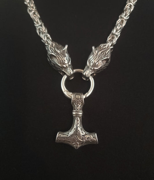 Thor's Hammer Wolf Viking Necklace
