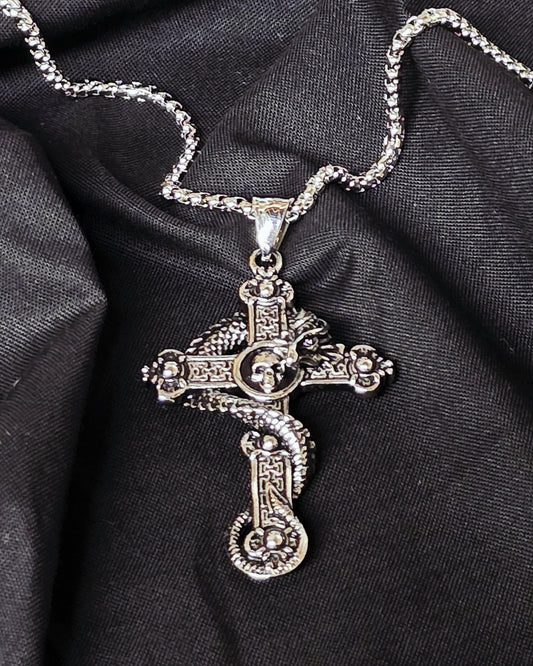 Snake wrapped cross stainless steel necklace