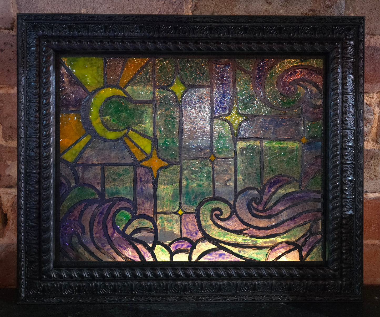 Painted Stained glass Moon and stars cloudy night framed artwork