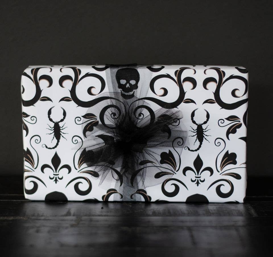 Skull Damask Gift Wrap - Bone (8ft Roll)