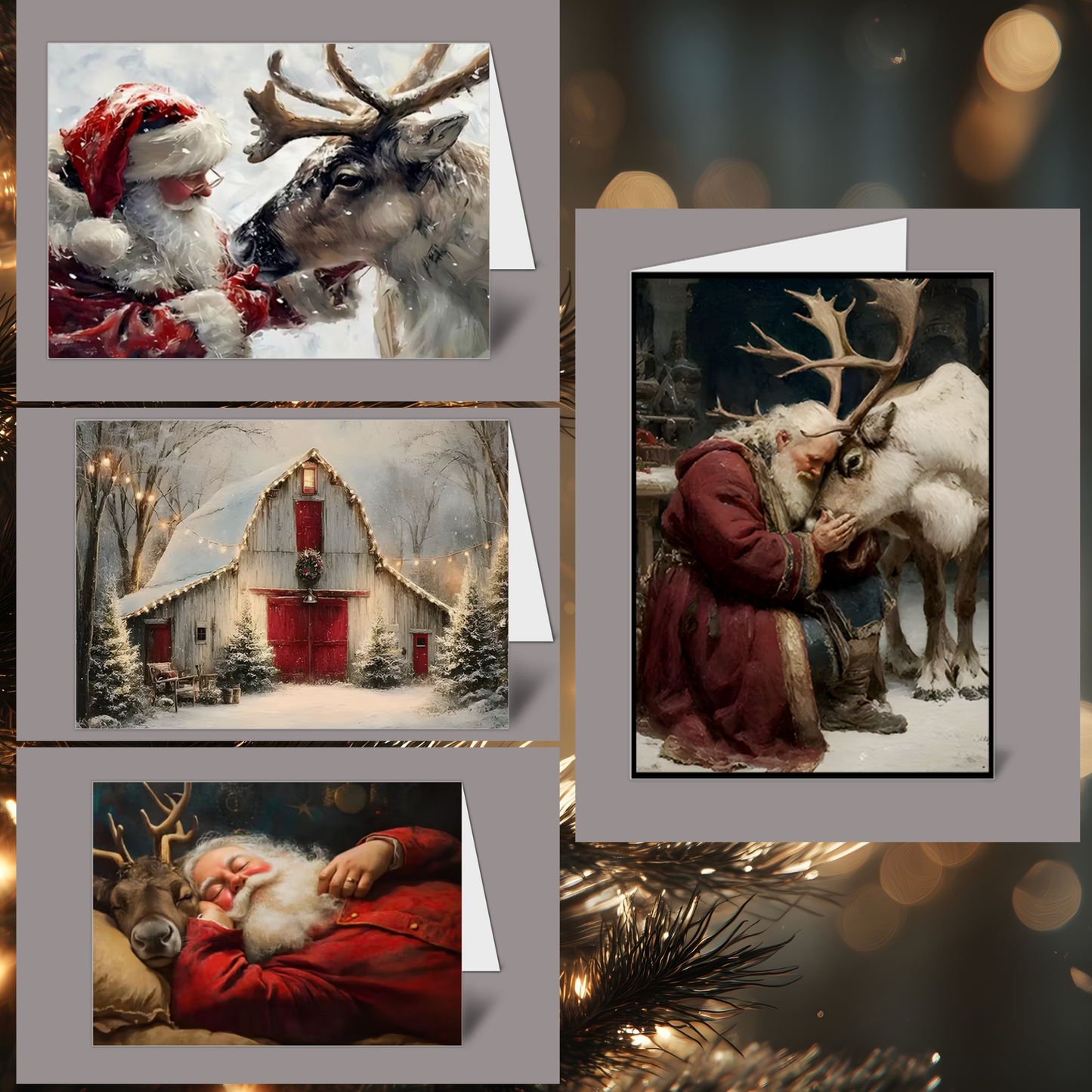 Santa, Reindeer Barn Christmas Holiday Greeting Card