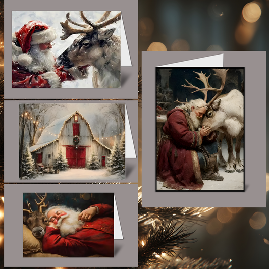 Santa, Reindeer Barn Christmas Holiday Greeting Card
