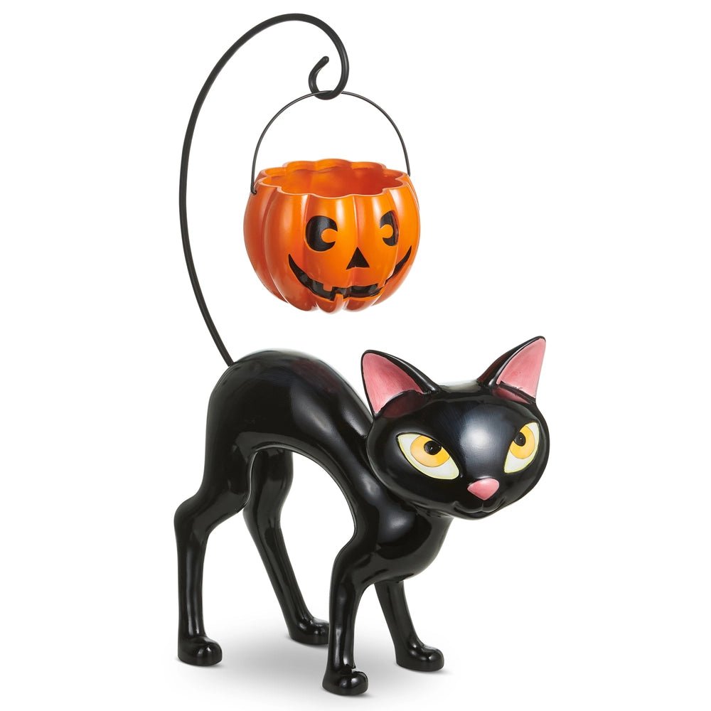 26-Inch Black Cat with Candy Pumpkin Basket Halloween Statue Home Decor - Gothic & Alternative Gift - Haunted