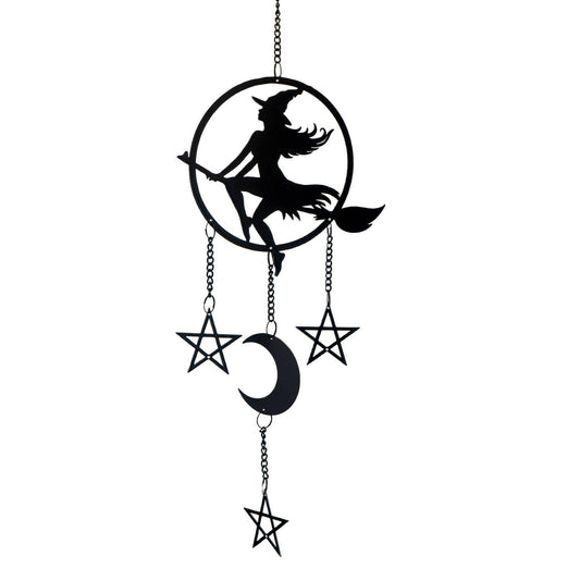 Vintage Witch Riding Broomstick by Moonlight Metal Hanging Indoor Outdoor Decoration