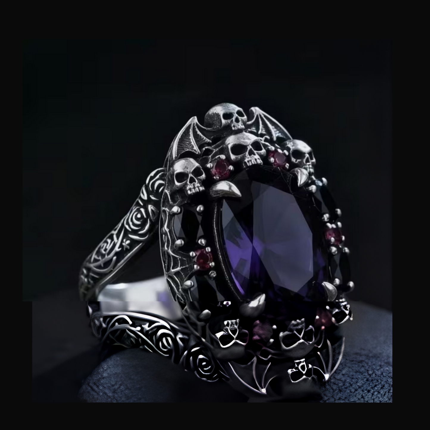 Black Gothic Skull Bat and Rose Silver Ring