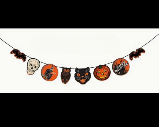 Vintage Halloween Garland Banner Spooky, Black Cat, Skull, Bat, Witch