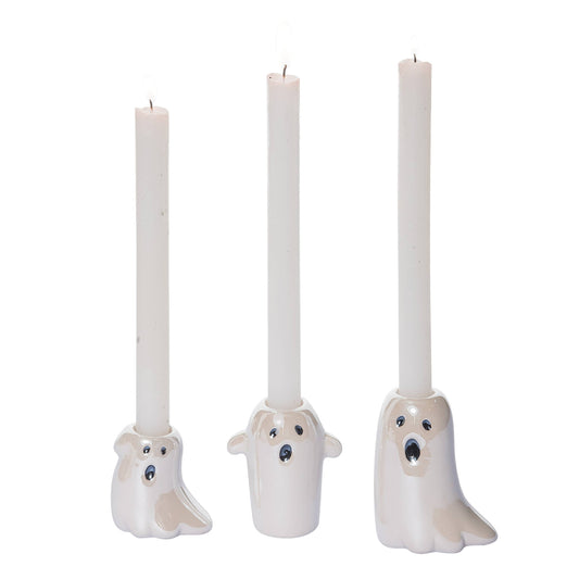 Juego de 3 candelabros cónicos de Halloween de color blanco de 4,25"