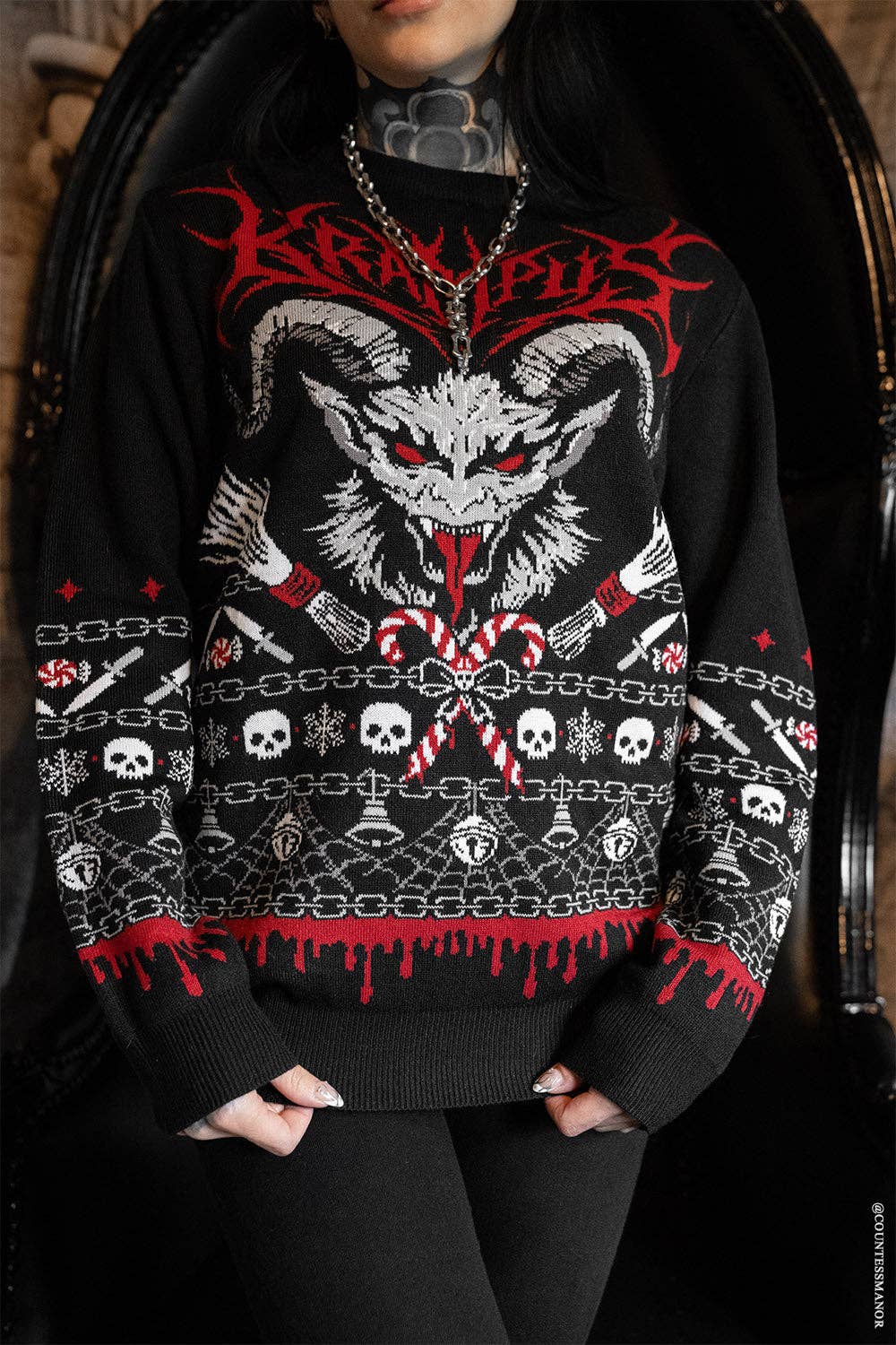 Krampusnacht Knit Xmas Sweater Goth Creepmas Skull Spiderweb Tree