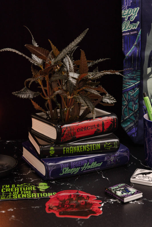 Stacked Book Shaped Vase Planter, Sleepy Hollow, Frankenstein, Dracula