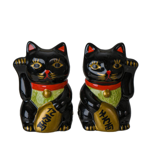 Maneki Neko Lucky Black Cat Salt and Pepper Shaker Set