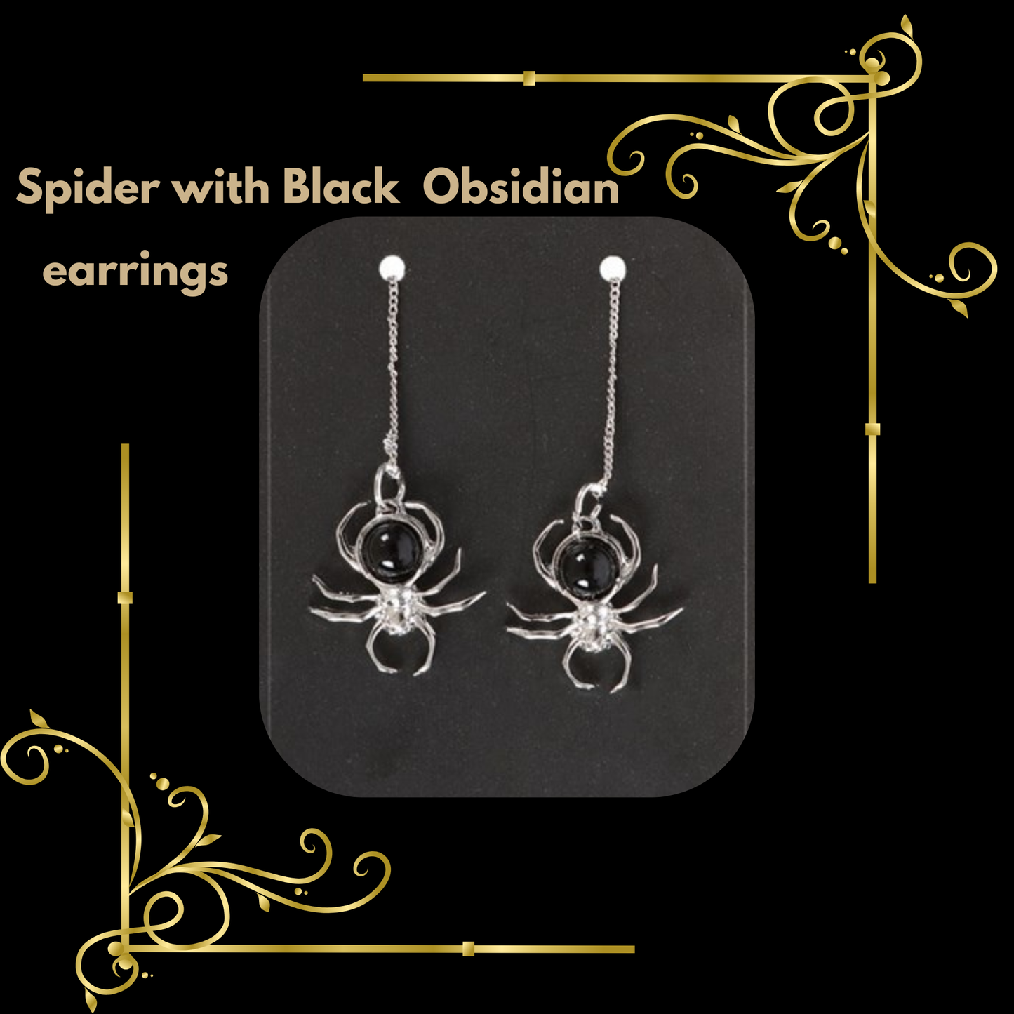 Black Obsidian Spider Jewelry Bracelet, Earrings, Necklace