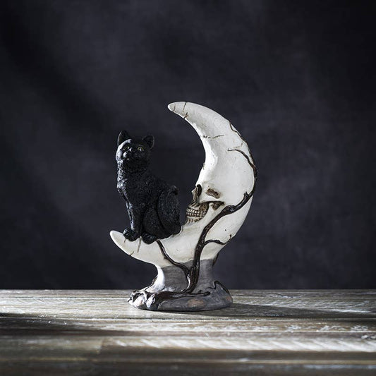 Sitting Black Cat on Moon Skull Face Figurine