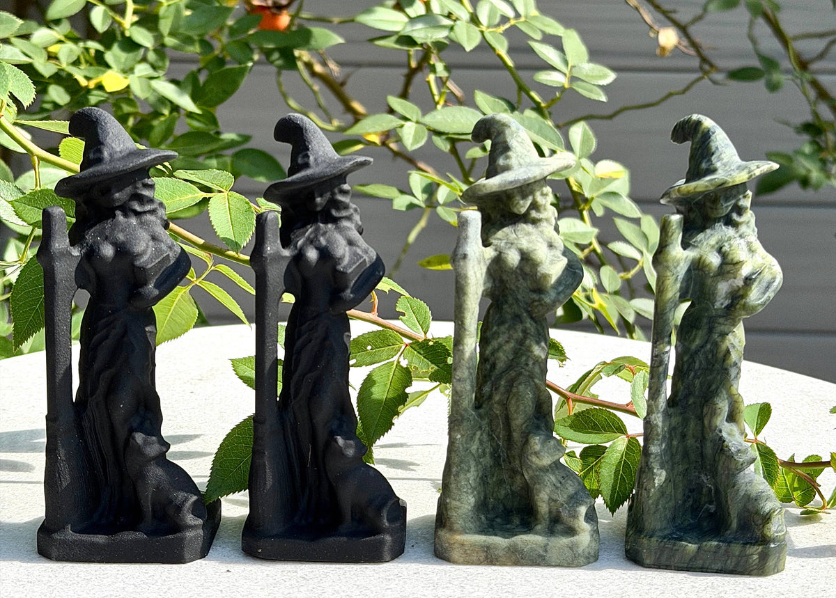Natural Black Obsidian & Nephrite Jade Witch Crystal Carving