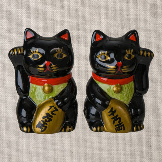 Maneki Neko Lucky Black Cat Salt and Pepper Shaker Set