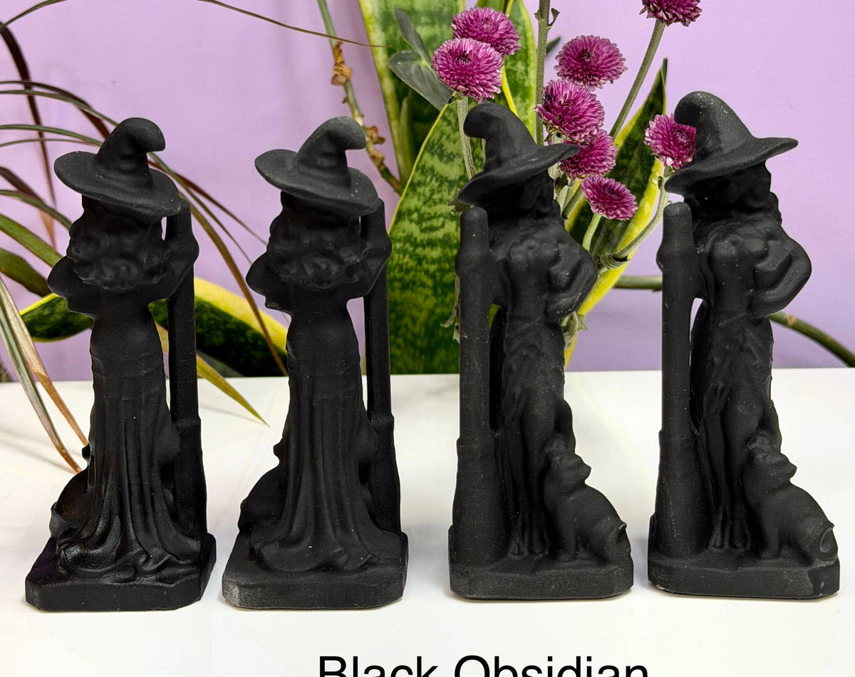 Natural Black Obsidian & Nephrite Jade Witch Crystal Carving