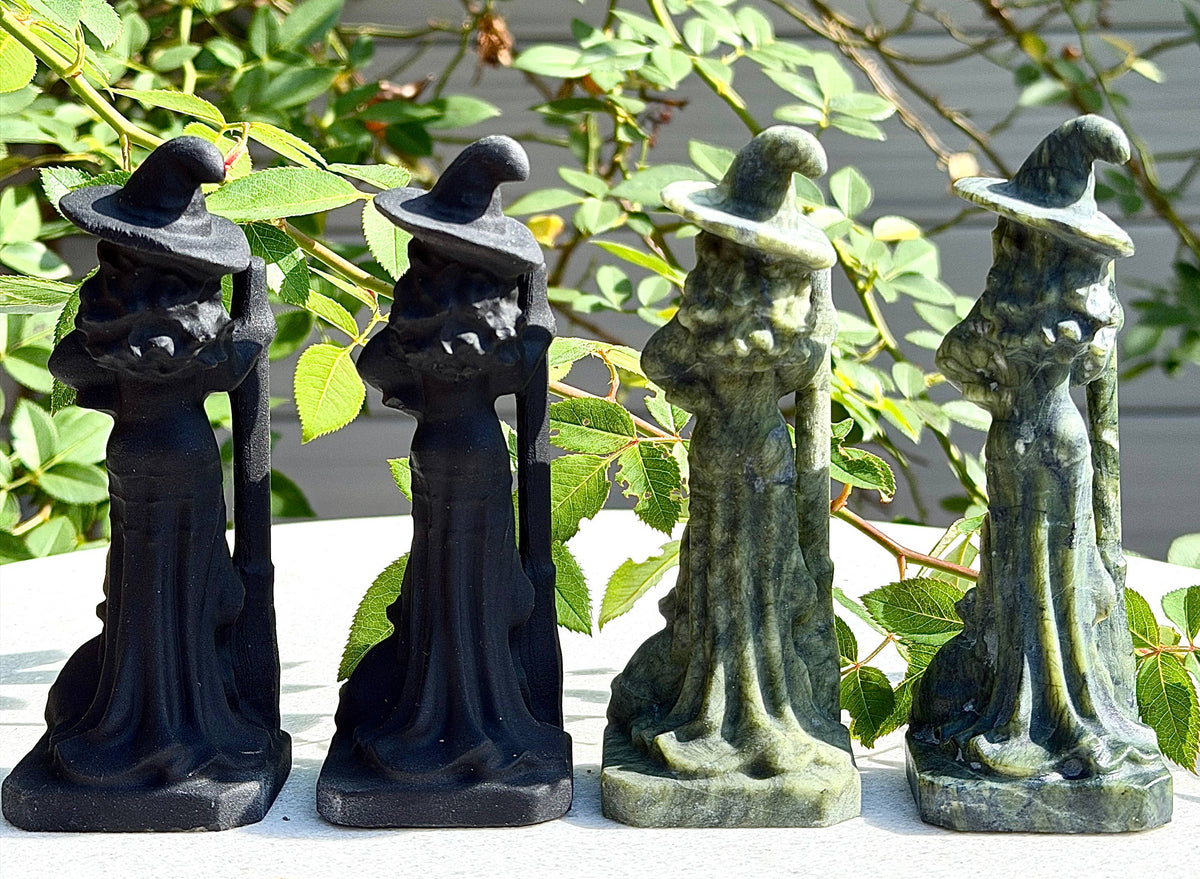 Natural Black Obsidian & Nephrite Jade Witch Crystal Carving