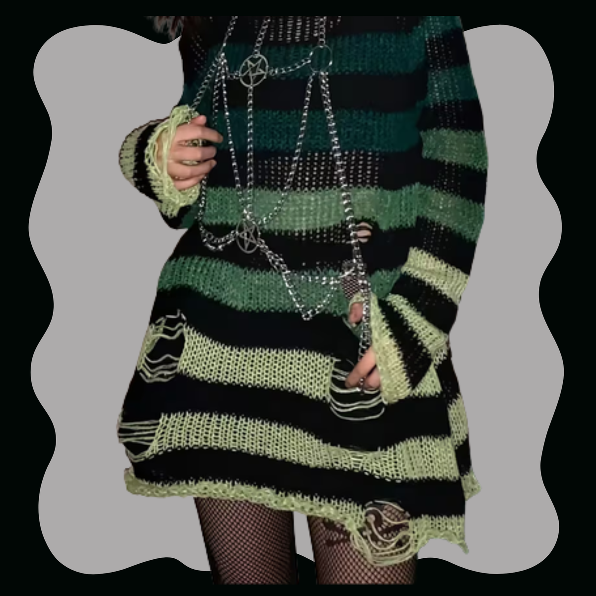Green Gradient Oversized Black Striped Ribbed Sweater