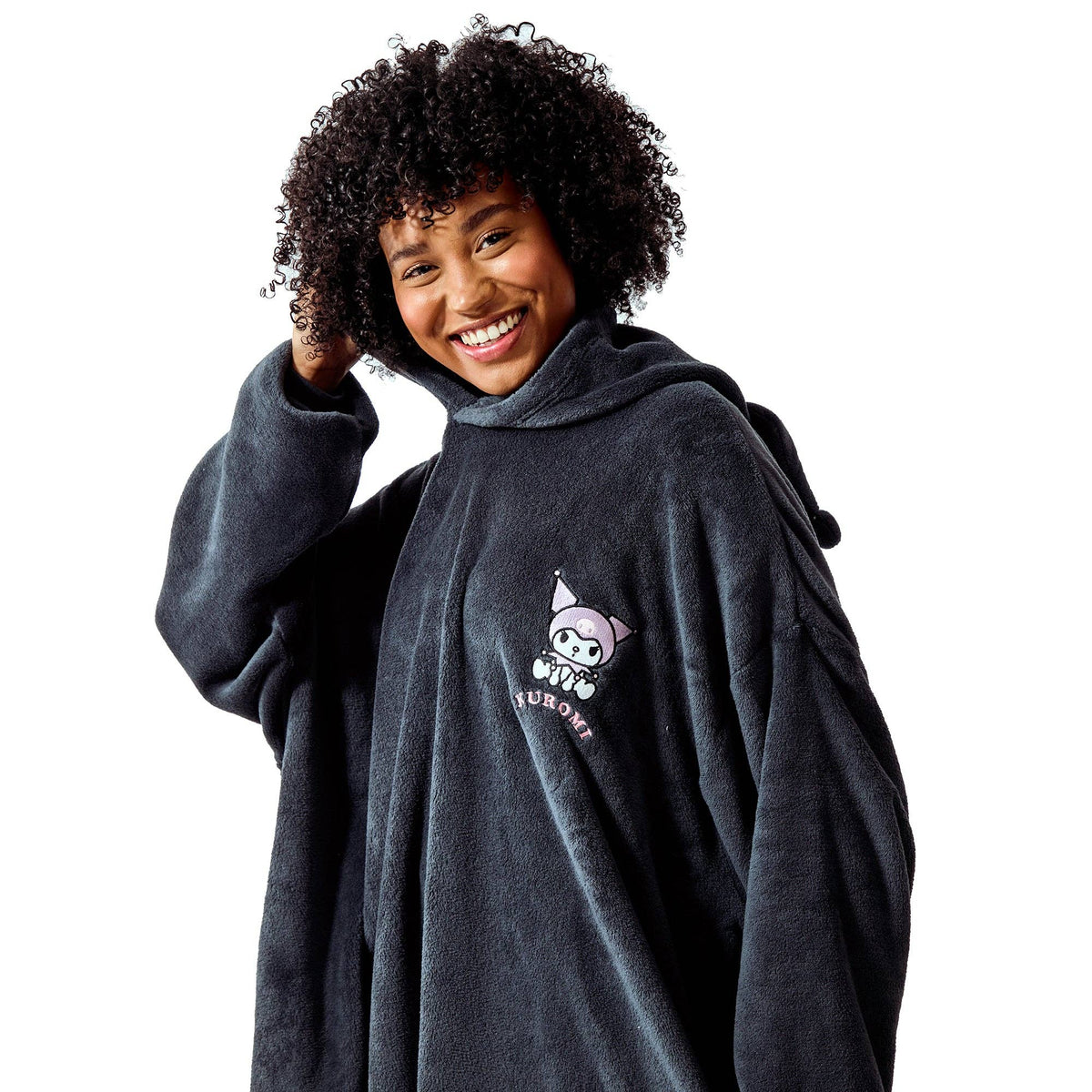 Kuromi Women's Black Oversized Fleece Hooded Blanket with Ears