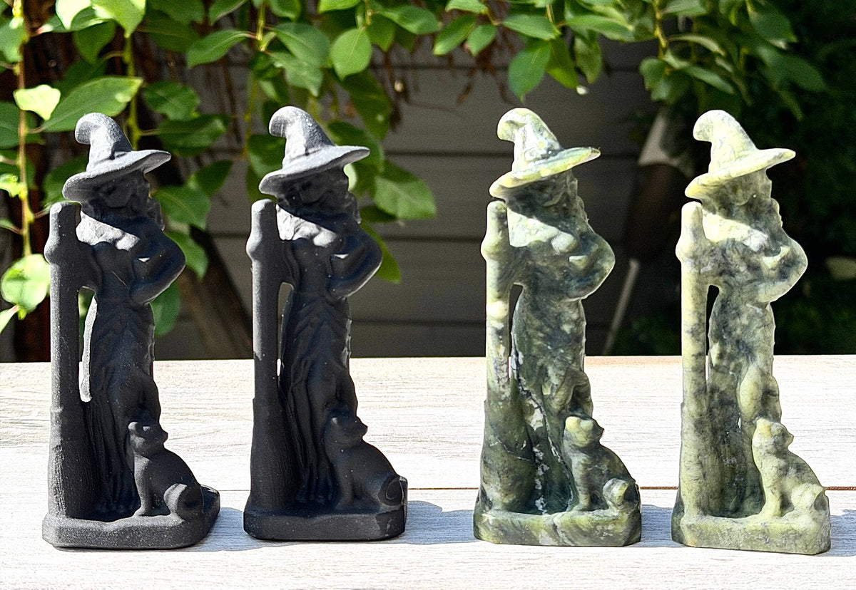 Natural Black Obsidian & Nephrite Jade Witch Crystal Carving