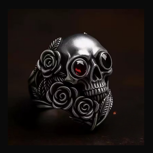 Skull and Rose Goth Silver Ring