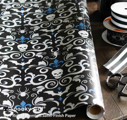 Skull Damask Gift Wrap - Black (8ft Roll)