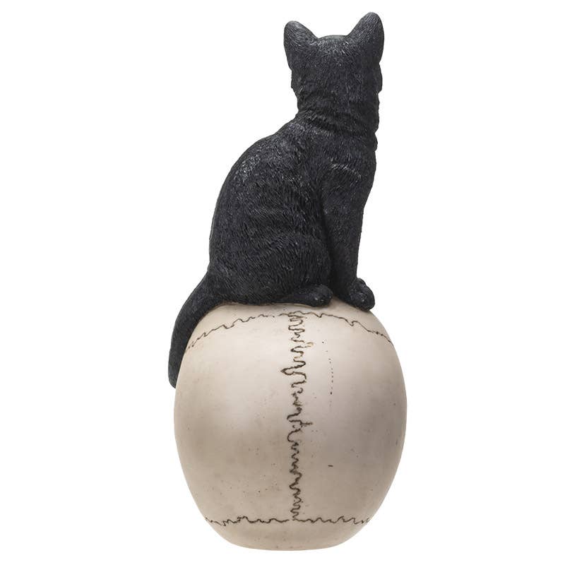 Black Cat on Skull Statue Figurine