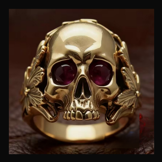 Skull, Red Eye Gemstone Goth Gold Ring