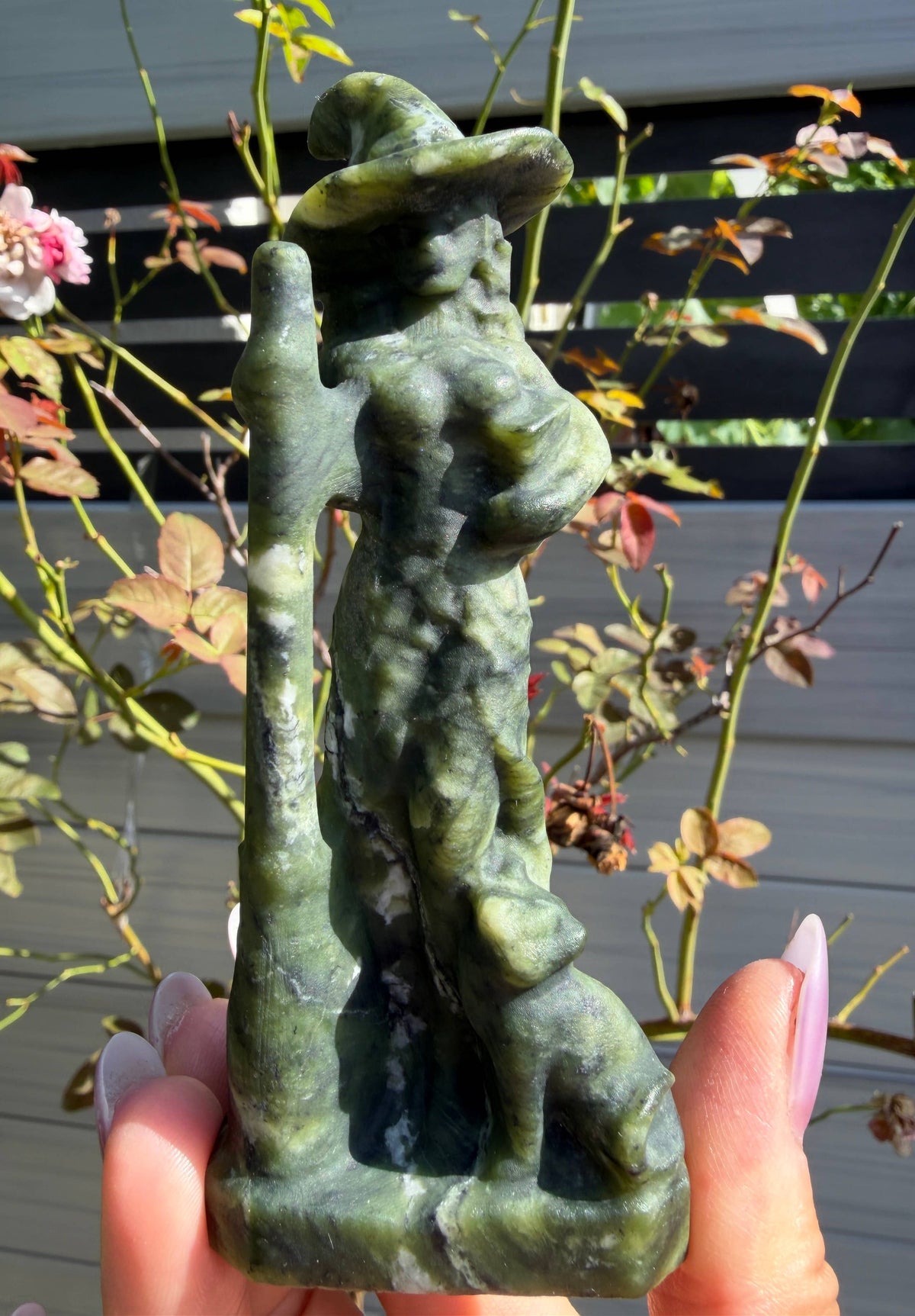 Natural Black Obsidian & Nephrite Jade Witch Crystal Carving
