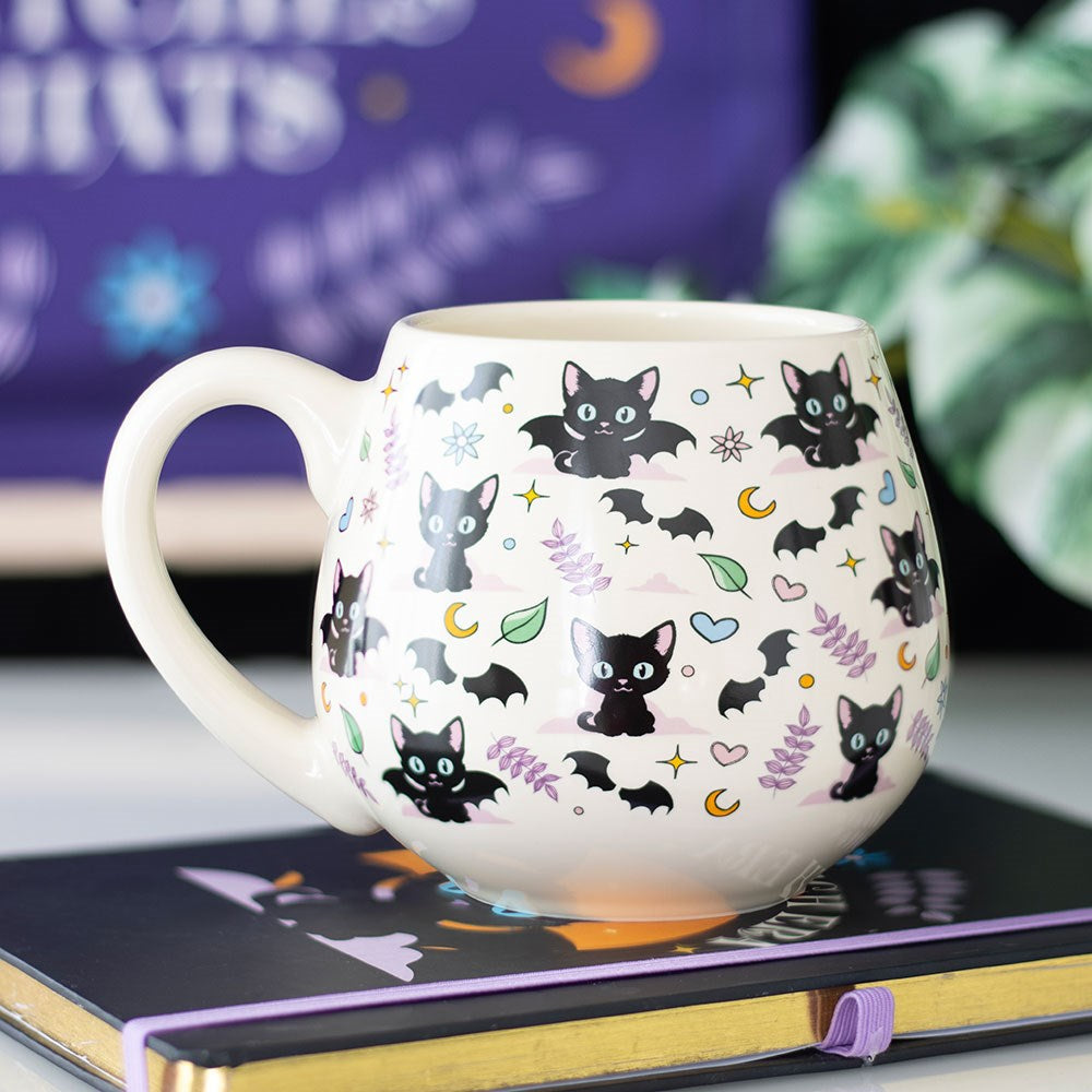Cute and Creepy Black Cat Bat Moon Rounded Mug