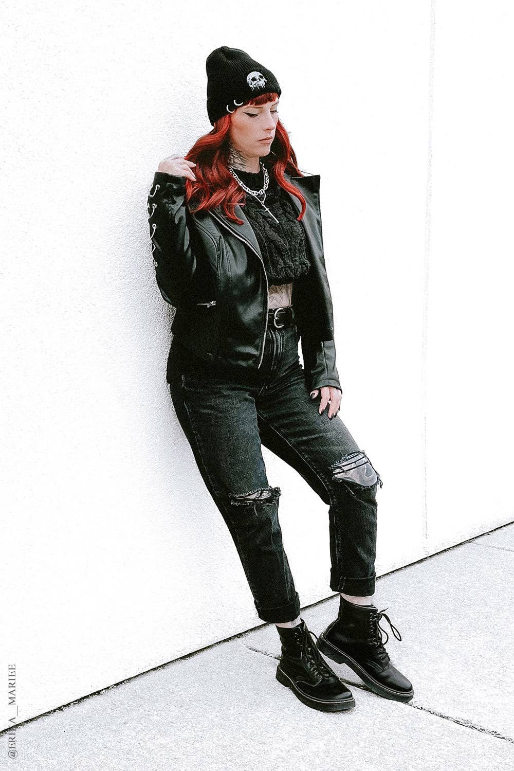 Premium Embroidered Dripping Skull Distressed Pierced Beanie