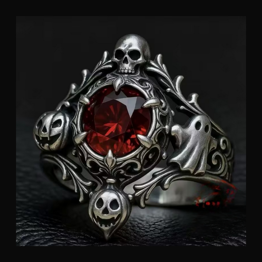 Skull, Ghost, Jack-O-Lantern Antique Goth Silver Ring