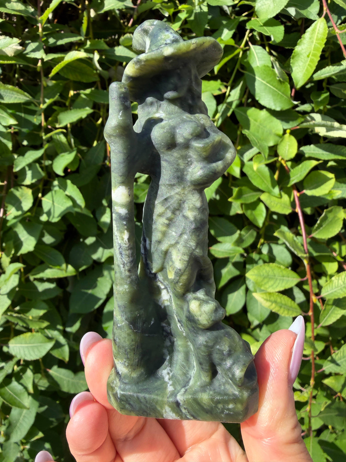 Natural Black Obsidian & Nephrite Jade Witch Crystal Carving