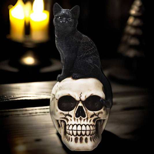 Black Cat on Skull Statue Figurine