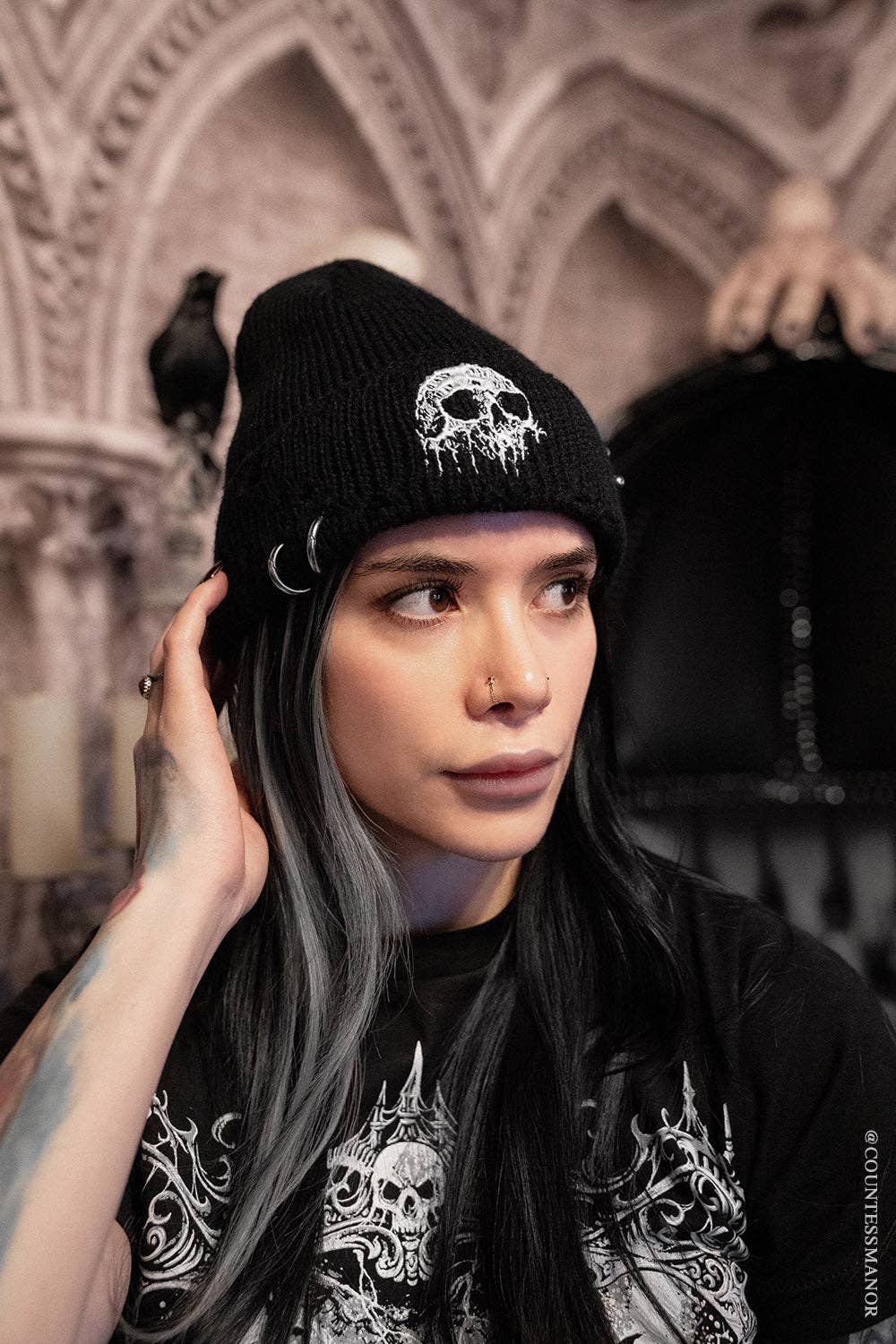 Premium Embroidered Dripping Skull Distressed Pierced Beanie
