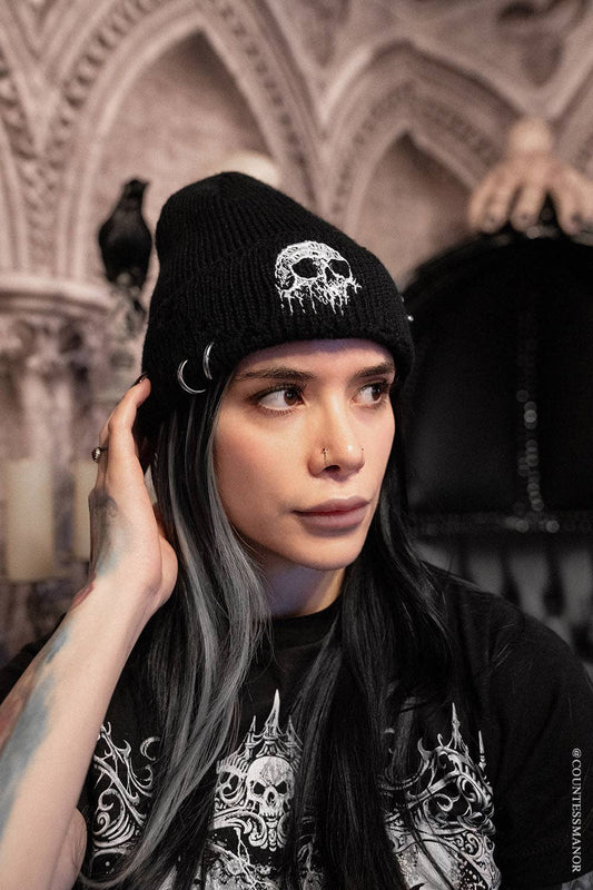 Premium Embroidered Dripping Skull Distressed Pierced Beanie