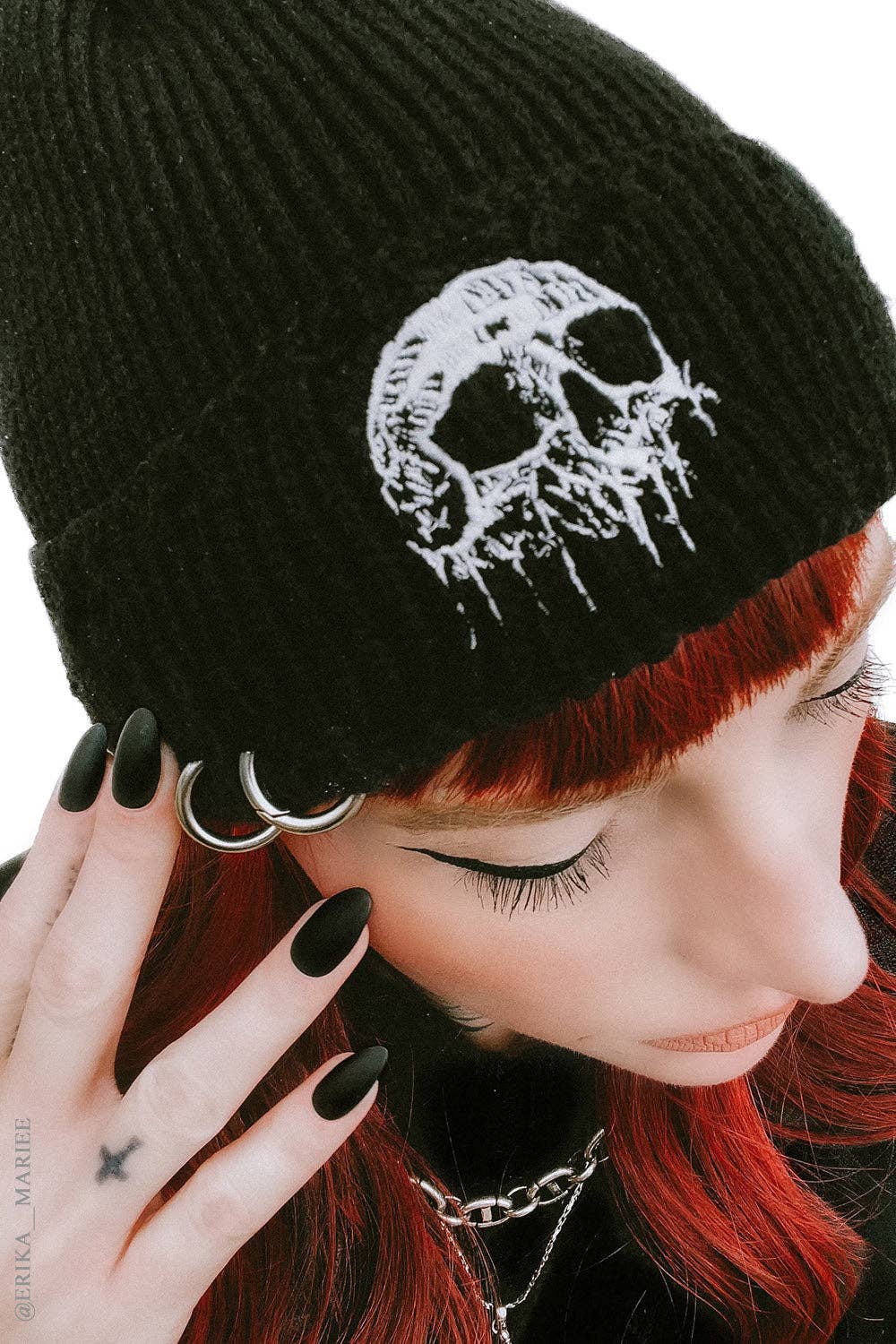 Premium Embroidered Dripping Skull Distressed Pierced Beanie
