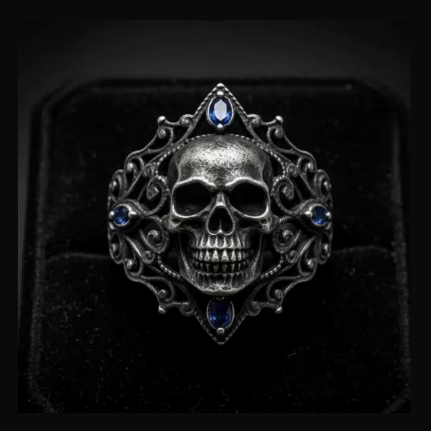 Skull, Retro Blue Gemstone Goth Silver Ring