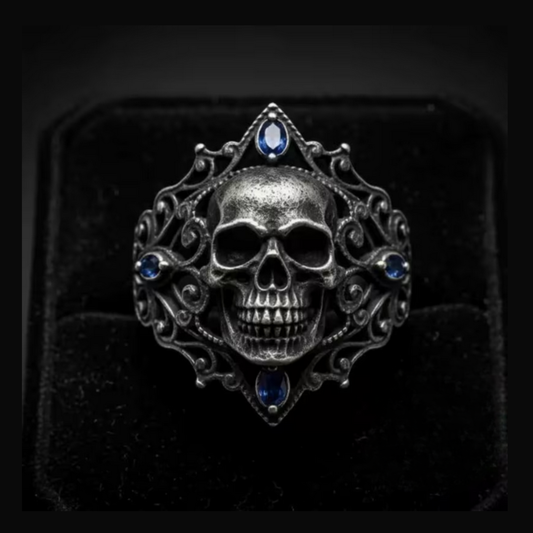 Skull, Retro Blue Gemstone Goth Silver Ring