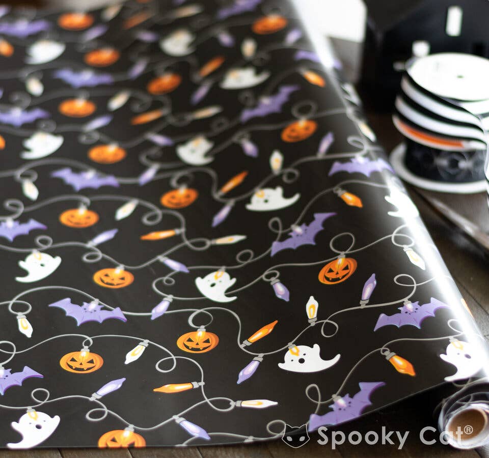 Halloween Lights Ghost Bat Pumpkin Gift Wrap Wrapping Paper 8 foot roll Creepmas Gothmas