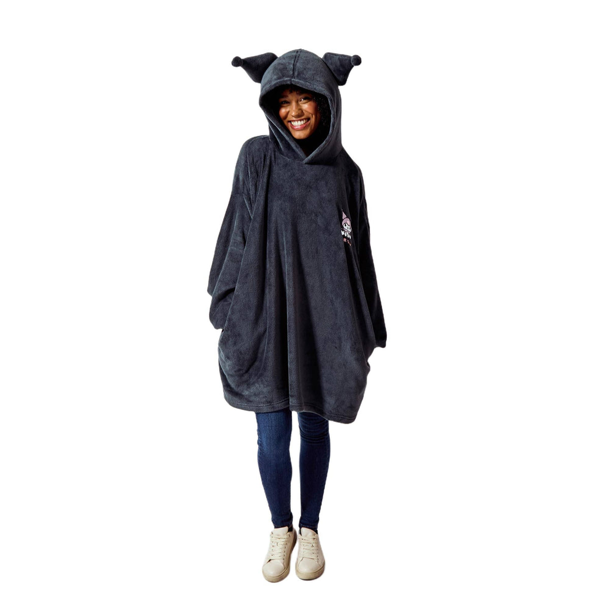 Kuromi Women's Black Oversized Fleece Hooded Blanket with Ears