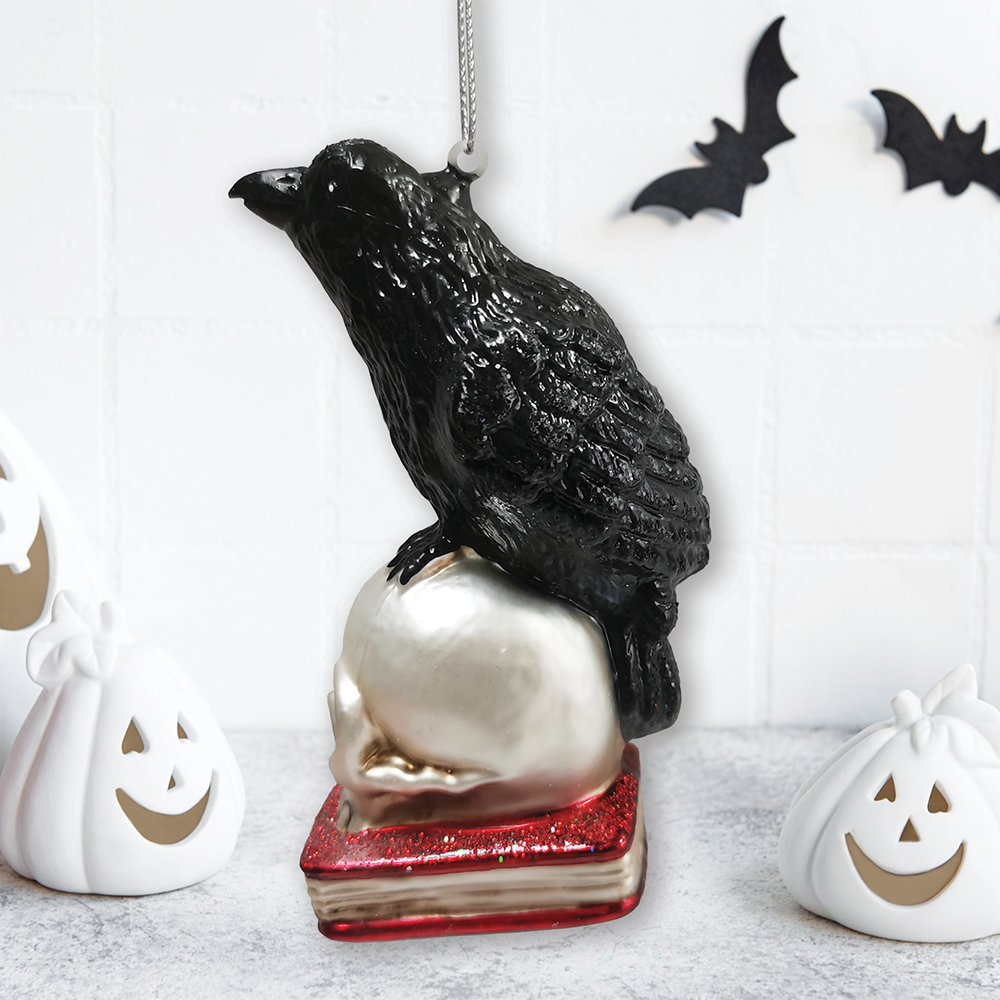 Raven on Skull and Book Glass Ornament