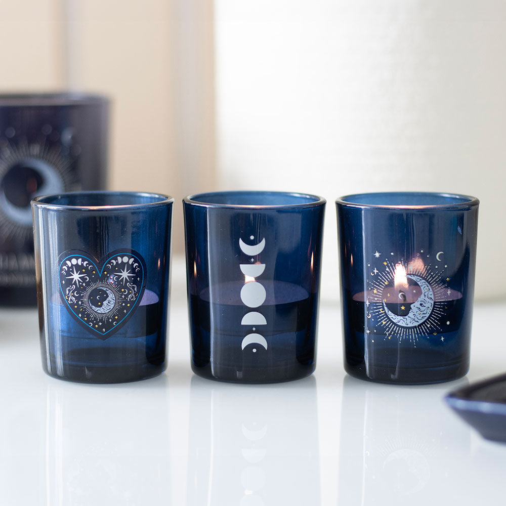 Set of 3 Blue Moon Votive Candle Holders Glass Tea Light