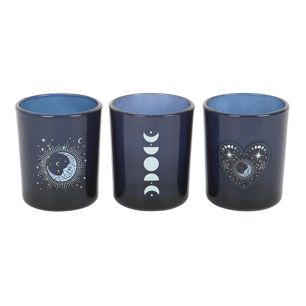 Set of 3 Blue Moon Votive Candle Holders Glass Tea Light