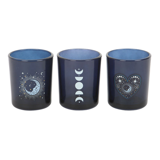 Set of 3 Blue Moon Votive Candle Holders Glass Tea Light