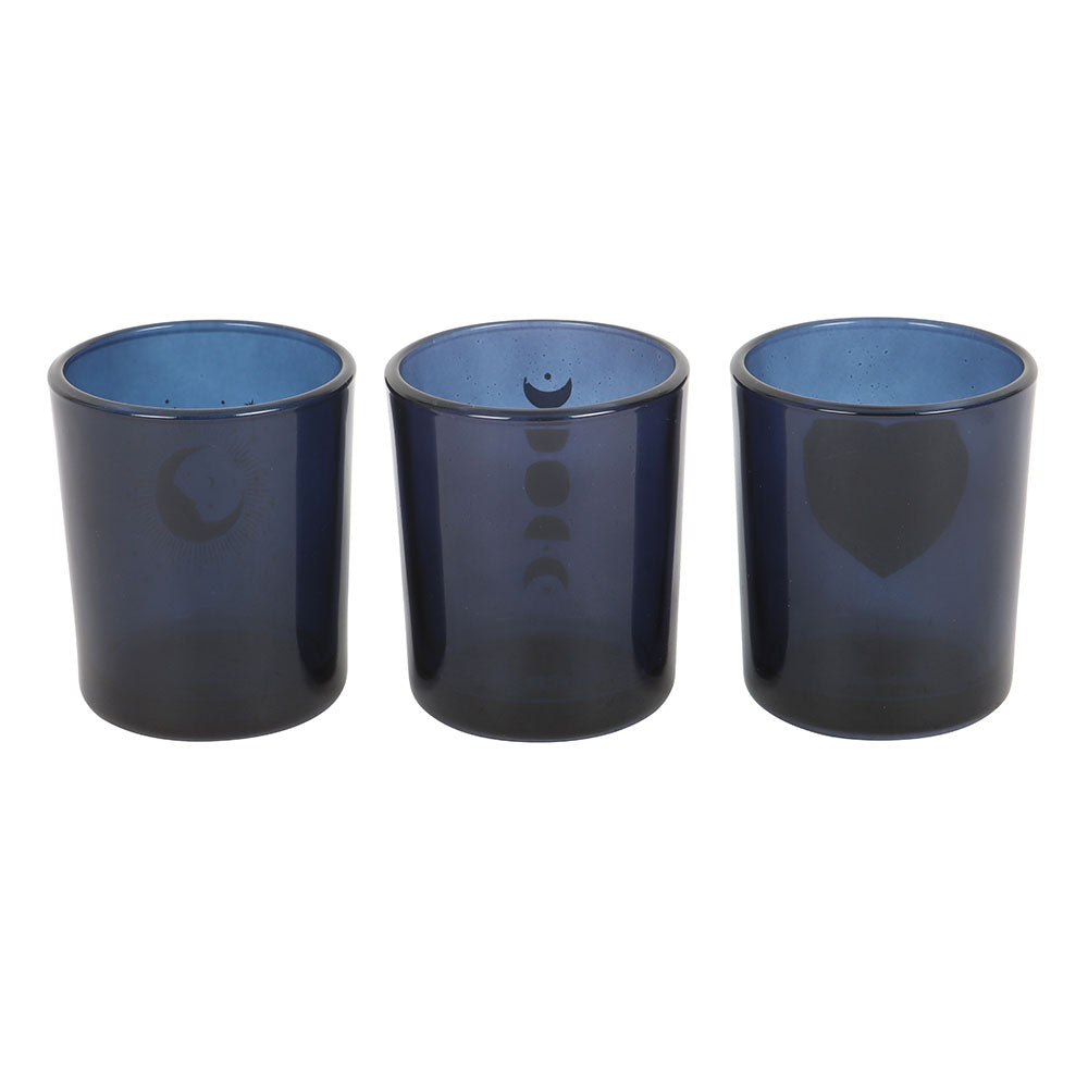 Set of 3 Blue Moon Votive Candle Holders Glass Tea Light