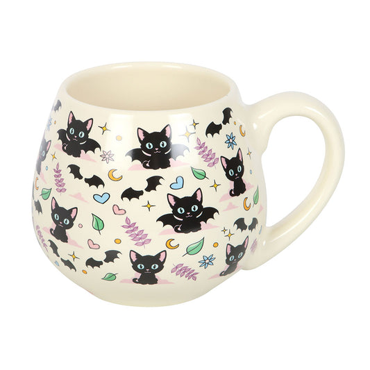 Cute and Creepy Black Cat Bat Moon Rounded Mug