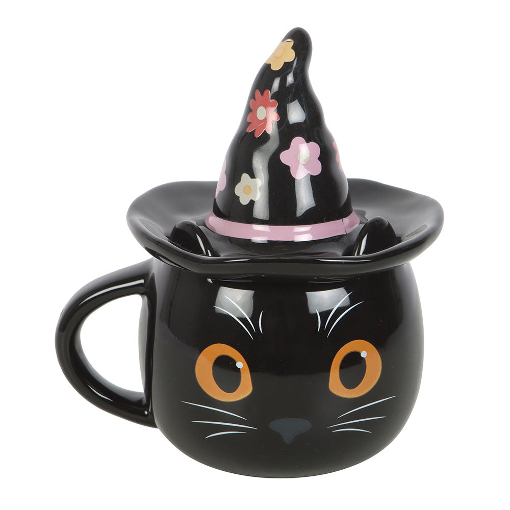 Whimsical Witch Cat Lidded Mug